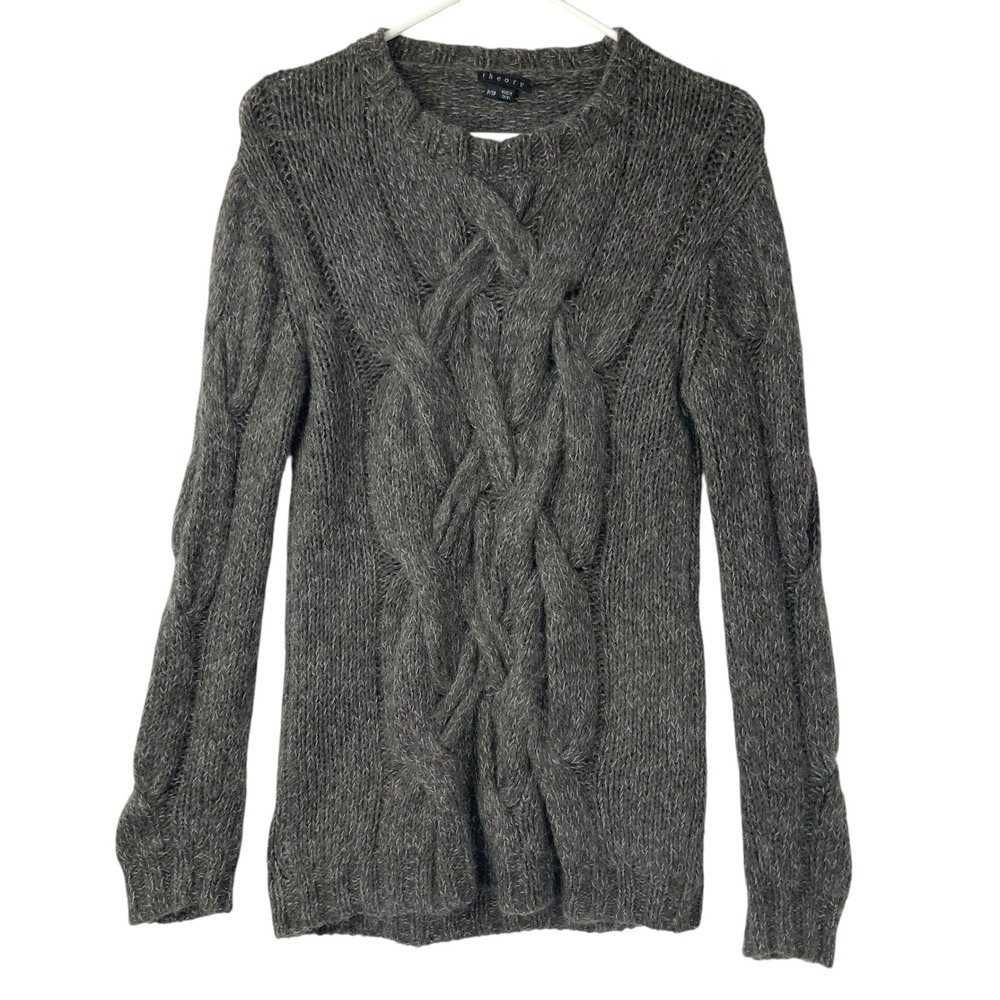 Theory Gray Cable Knit Wool Blend Sweater Small Pullover Crew Neck Long Sleeve